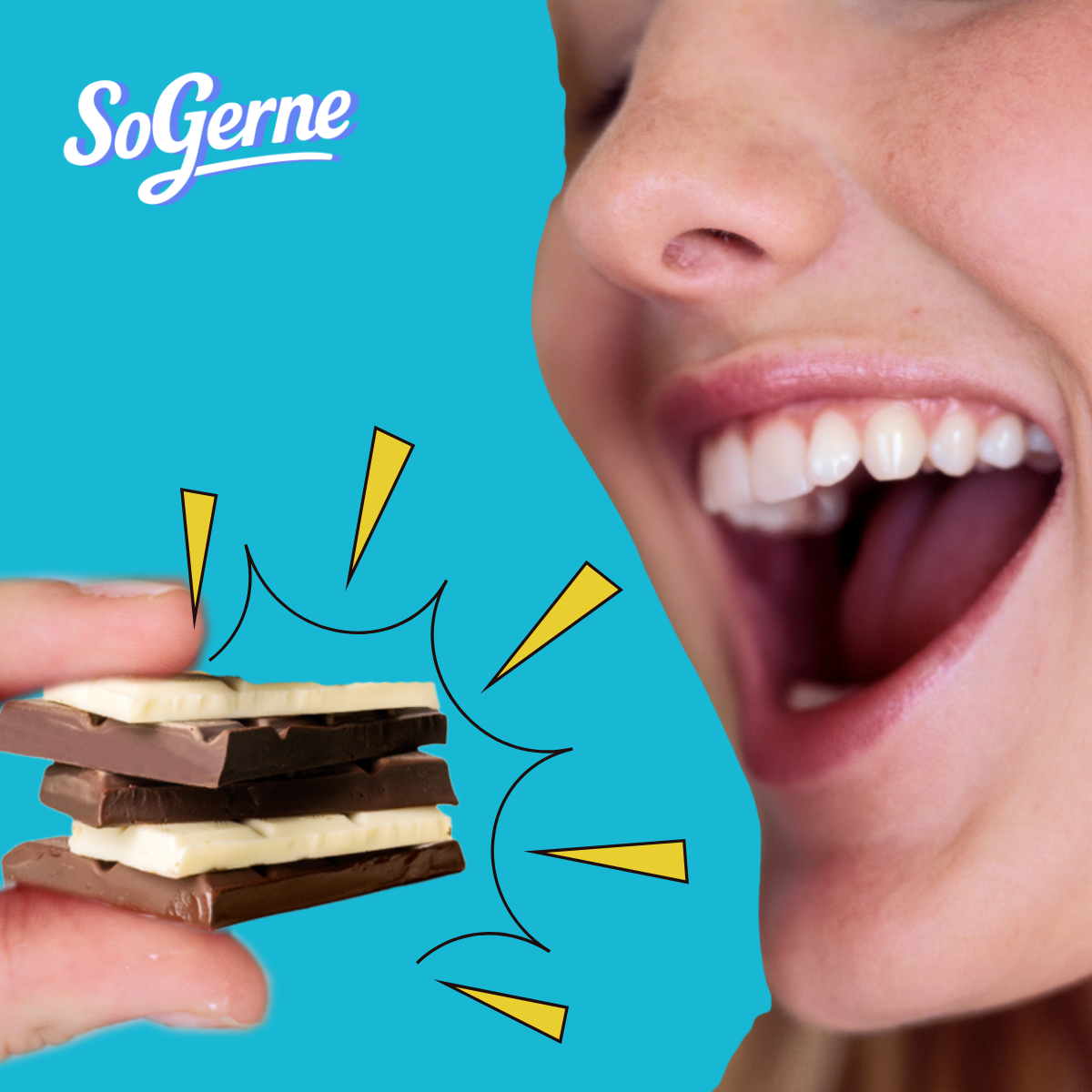 gestapelte Schokolade in der Hand, die zum Mund einer Frau geführt werden